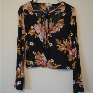 billabong floral tie neck long bell sleeve blouse